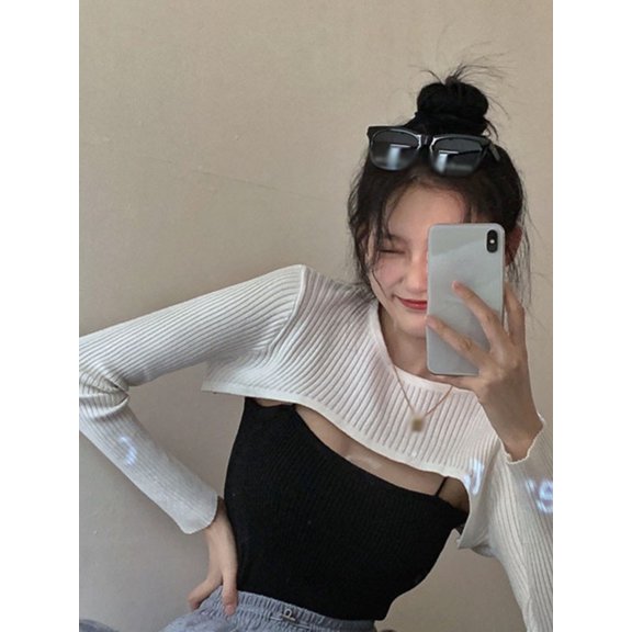 Ochine Shawl Sweater Ribbed Long Arm Sleeve Solid Color Crew Neck Slim Fit Pull Over Crop Top Comfortable Breathable Anti-UV Sun Protection Shoulder Shrug for Women, One Size