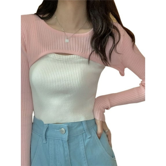 Ochine Shawl Sweater Ribbed Long Arm Sleeve Solid Color Crew Neck Slim Fit Pull Over Crop Top Comfortable Breathable Anti-UV Sun Protection Shoulder Shrug for Women, One Size