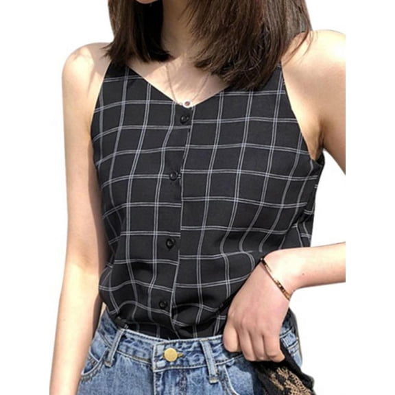 Ochine Summer Chiffon Shirt V Neck Spaghetti Strap Plaid Print Sleeveless Camisole Blouse Causal Sexy T Shirts Beach Vacation Club for Women, Average Size