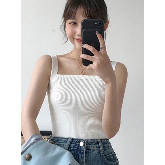 Ochine Summer Knit Camisole Square Neck Solid Color Sleeveless T Shirts Causal Sexy Fitted Blouses Tank Top Vest Vacation Club for Women, Average Size