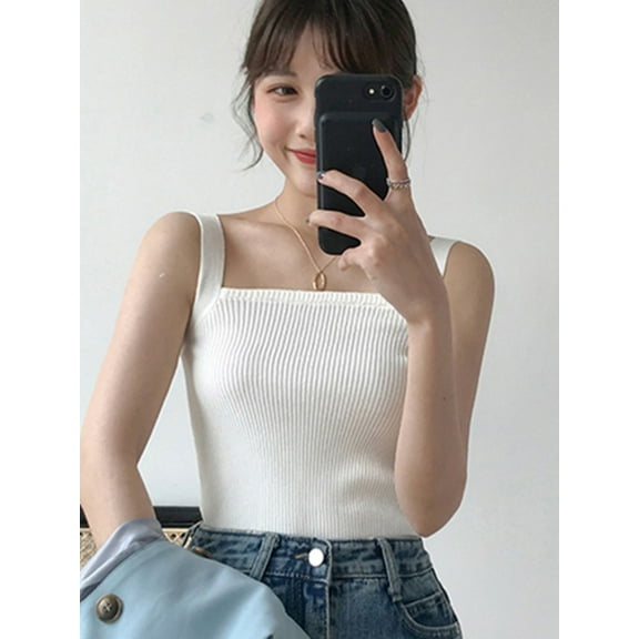 Ochine Summer Knit Camisole Square Neck Solid Color Sleeveless T Shirts Causal Sexy Fitted Blouses Tank Top Vest Vacation Club for Women, Average Size
