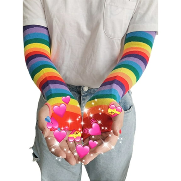 Ochine Women Arm Sleeve Rainbow Print Elastic Fingerless Long Gloves UV Protection Cooling or Warmer Oversleeves Sunscreen Cuffs for Driving Cycling Golf Fishing with Thumb Holes, Universal Size
