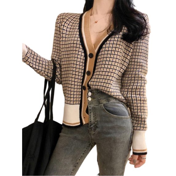 Ochine Women Cadigan Summer Sweater Knitted Cover Ups Button Down Plaid Print Long Sleeves Fashion Causal Shirts Blouse Top Fall Winter Summer, Average Size