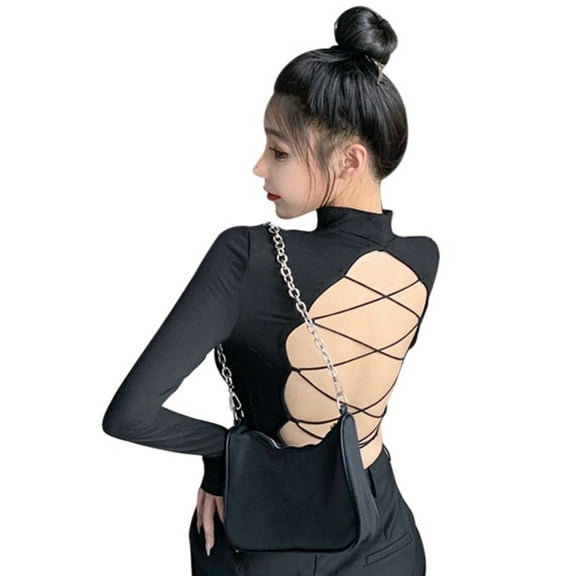 Ochine Women Crop Top Mock Turtle Neck Criss Cross Backless Silm Fit Solid Color Cut Out Long Sleeves Tee Shirts Causal Fitted Sexy Fashion Blouses Club Party, Black, One Size
