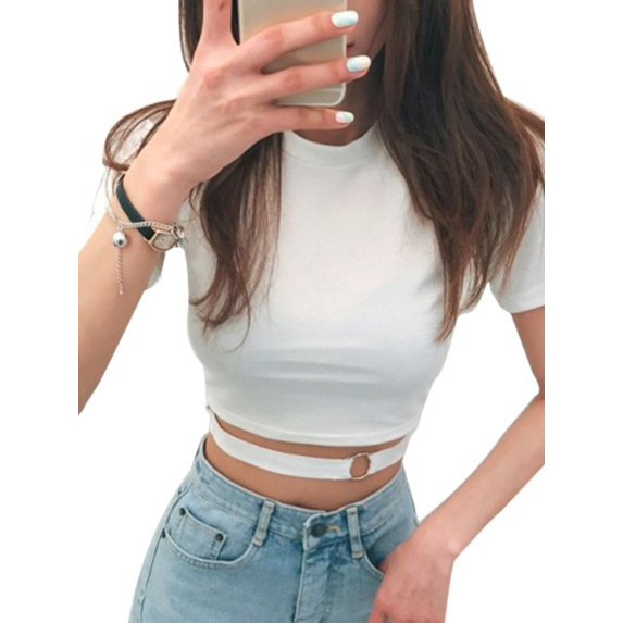 Ochine Women Crop Top Short Sleeve Crew Neck Slim Fit Solid Color Cut Out T Shirt Soft Sexy Blouses Party Goingout, Black White