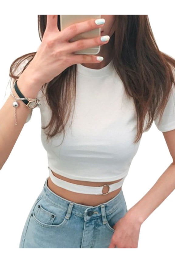 Women Crop Top Short Sleeve Crew Neck Slim Fit Solid Color Cut Out T Shirt Soft Sexy Blouses Party Goingout, Black White