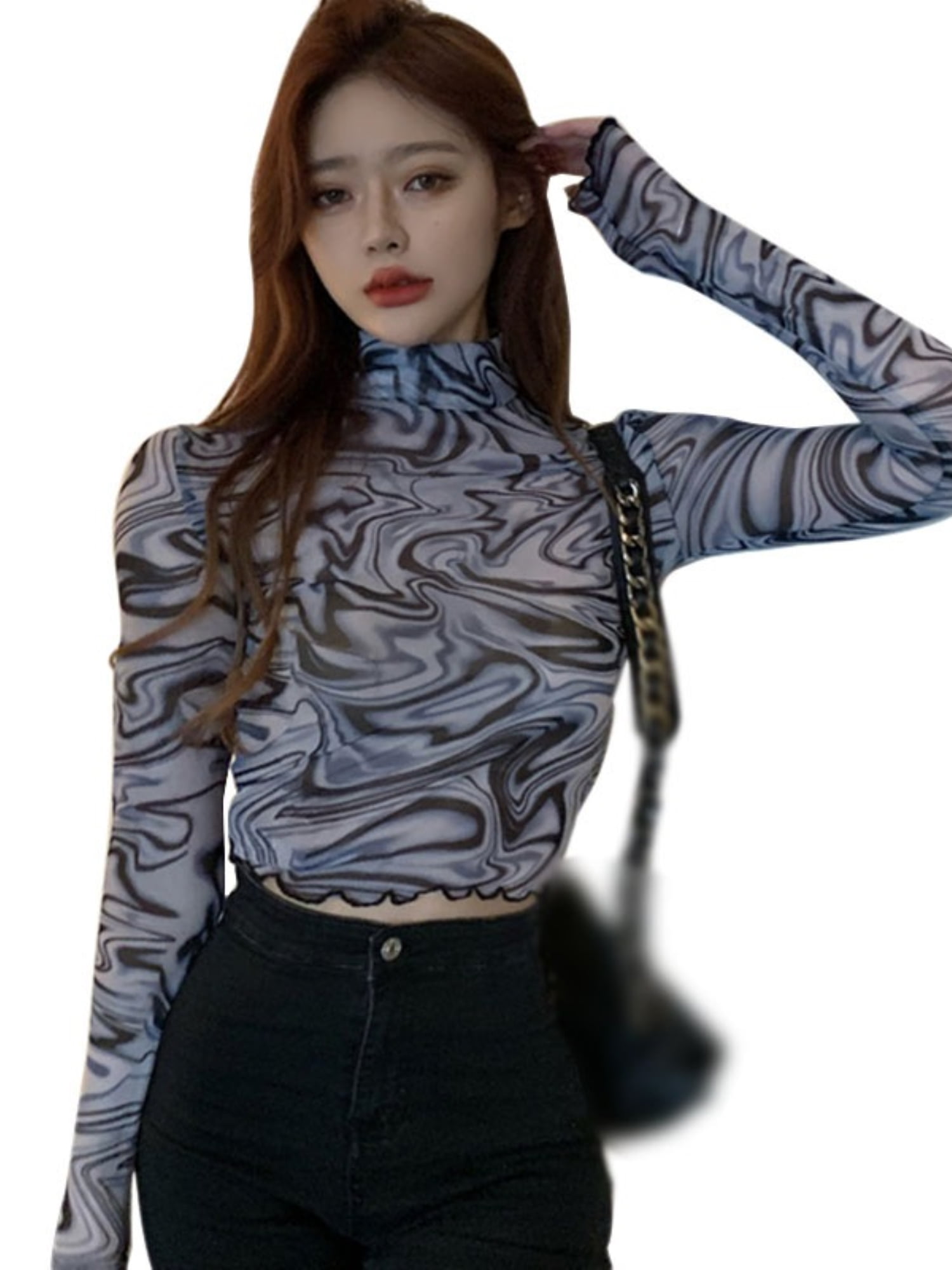 Ochine Women Crop Top Mock Turtle Neck Criss Cross Backless