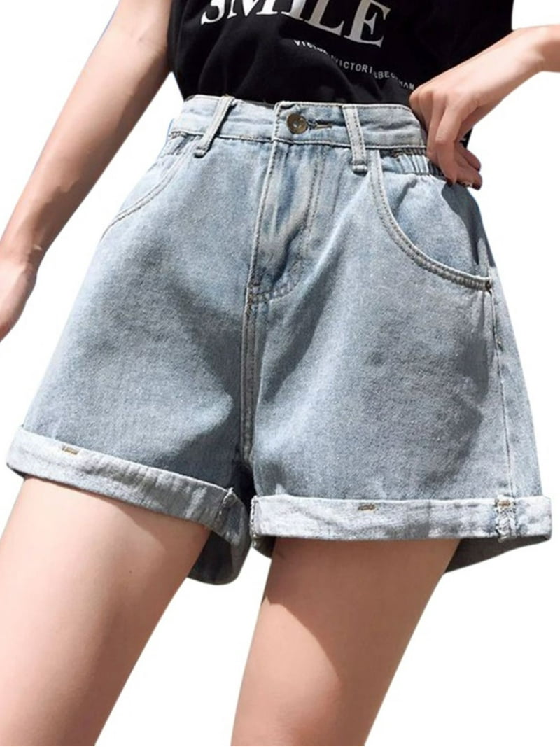 Ochine Women Denim Shorts Vintage High Waist Folded Hem Loose Fit