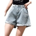 thumbnail image 1 of Ochine Women Denim Shorts Vintage High Waist Folded Hem Loose Fit Wide Leg Casual Short Jeans Pants Bermuda Shorts with Pockets Summer for Girls, 1 of 8