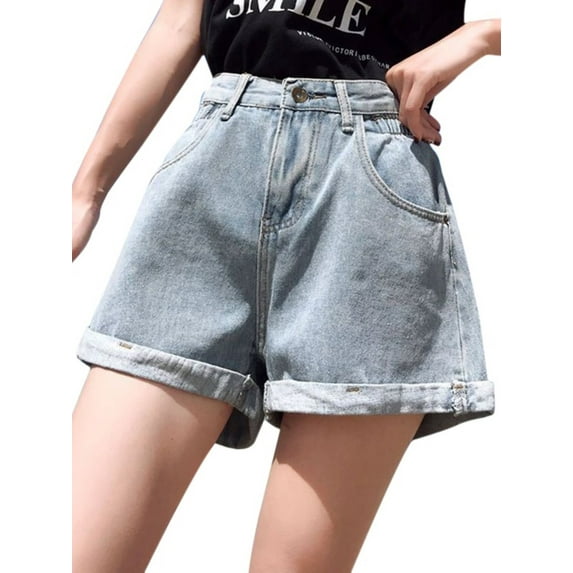 Ochine Women Denim Shorts Vintage High Waist Folded Hem Loose Fit Wide Leg Casual Short Jeans Pants Bermuda Shorts with Pockets Summer for Girls