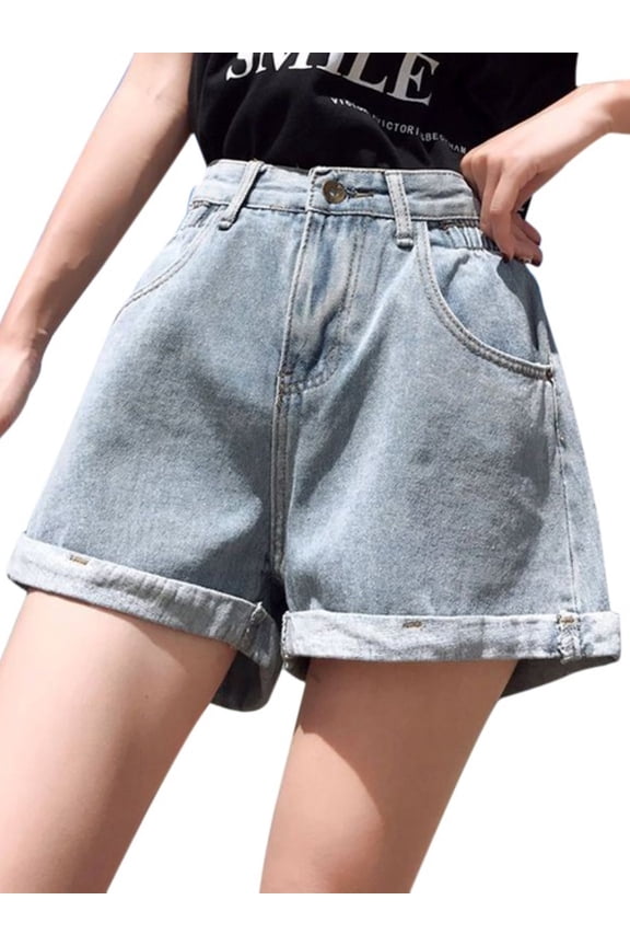 Women Denim Shorts Vintage High Waist Folded Hem Loose Fit Wide Leg Casual Short Jeans Pants Bermuda Shorts with Pockets Summer for Girls