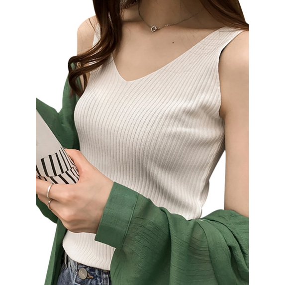 Ochine Women Knit Top V Neck Sleeveless Solid Color Slim Fit Ribbed Sweater Causal Fashion Vest Blouse Tank Top Lightweight Tee Shirts Under Shirt Summer Fall, One Size