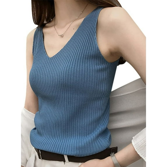 Ochine Women Knit Top V Neck Sleeveless Solid Color Slim Fit Ribbed Sweater Causal Fashion Vest Blouse Tank Top Lightweight Tee Shirts Under Shirt Summer Fall, One Size