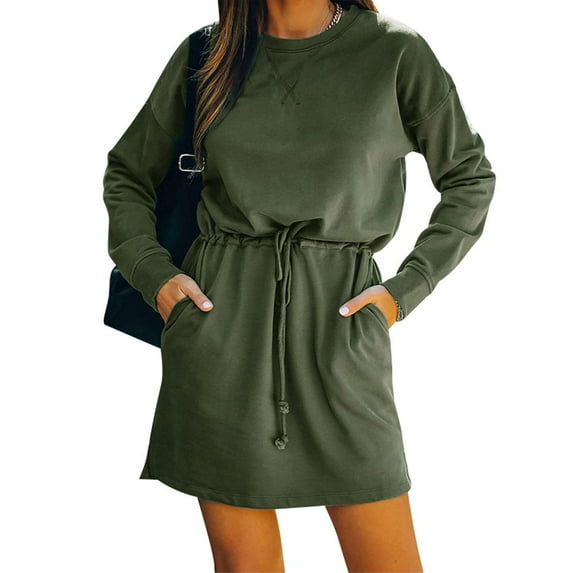 Ochine Women Casual Long Sleeve T Shirt Dress Waist Drawstring Mini Dress with Pockets Crew Neck Slouchy Bodycon Dress, S-XL