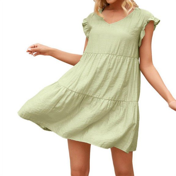 Ochine Women Mini Dress Short Ruffle Sleeves Pleated Babydoll V Neck Hi Waist Loose Dresses