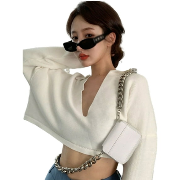 Ochine Women Summer Blouse Knitted Top Long Sleeves Solid Color V Neck Sunscreen Protective Cardigan Loose Casual Lightweight Sweater Crop Top T Shirt Beachwear Vacation, Average Size