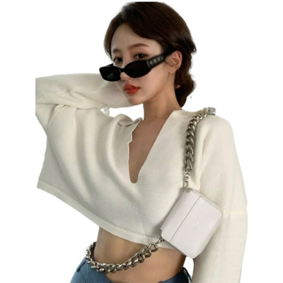 Ochine Women Summer Blouse Knitted Top Long Sleeves Solid Color V Neck Sunscreen Protective Cardigan Loose Casual Lightweight Sweater Crop Top T Shirt Beachwear Vacation, Average Size