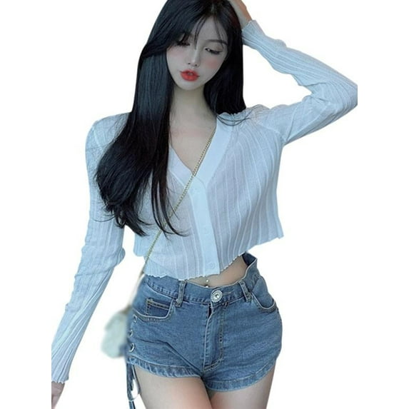 Ochine Women Summer Blouse Lightweight Knitted Cover Up Button Down Long Sleeves V Neck Solid Color Cardigan Sweater Sunscreen Protective Crop Top T Shirt Beachwear Vacation, Average Size