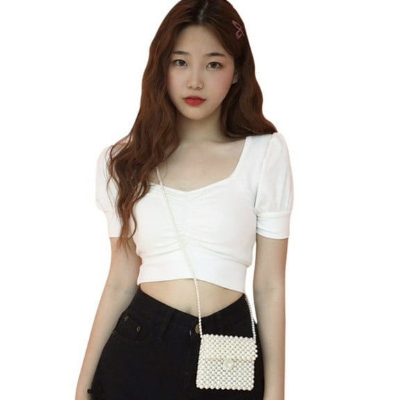 Ochine Women Summer Blouses Pleated Front Square Neck Short Puff Sleeves Solid Color Crop Top Causal Fitted Sexy T Shirts Vacation Club, Average Size