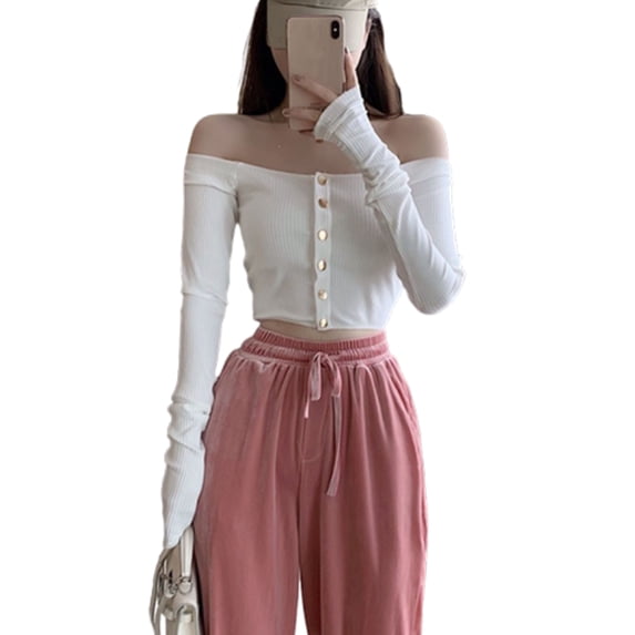 Ochine Women Summer Crop Top Cold Shoulder Boat Neck Button Down Solid Color Long Sleeves Knit Shirts Causal Sexy Tunic Fitted Fashion Blouses Sweater T Shirts, Average Size