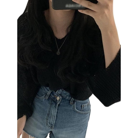 Ochine Women Summer Sweater Blouses Loose V Neck Tops Causal Long Sleeve Off Shoulder Knit Sheer Shirts, Average Size