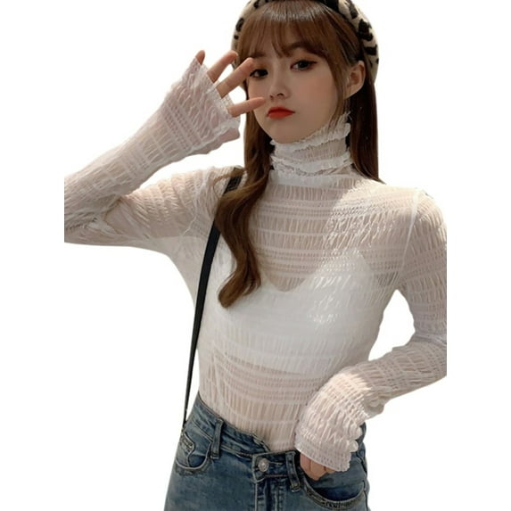 Ochine Women T Shirt Long Sleeve Sheer See Through Lace Tulle Turtle Neck Blouse Casual Fashion Sexy Top Tee Shirts Club Goingout
