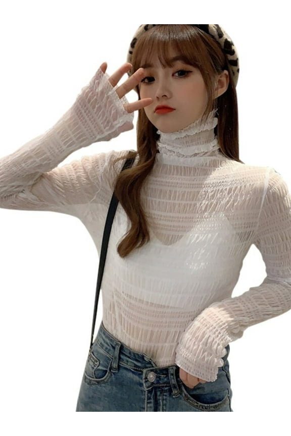 Women T Shirt Long Sleeve Sheer See Through Lace Tulle Turtle Neck Blouse Casual Fashion Sexy Top Tee Shirts Club Goingout