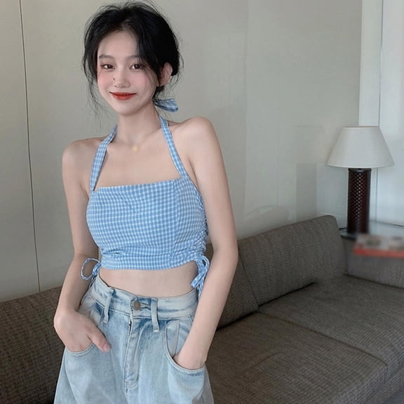 Ochine Women T Shirt Sleeveless Halter Drawstring Plaid Print Crop Top Sexy Vest Summer Camisole Goingout