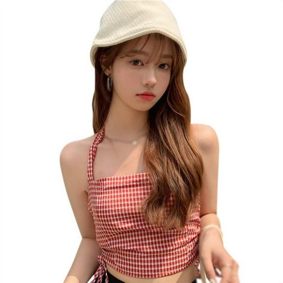 Ochine Women T Shirt Sleeveless Halter Drawstring Plaid Print Crop Top Sexy Vest Summer Camisole Goingout