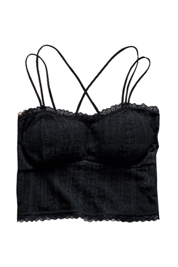 Women's Bandeau Padded Bra Lacy Spaghetti Strap Criss Cross Tube Crop Cami Top Bra, Average Size