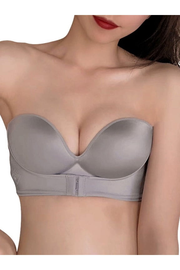 Women's Bandeau Strapless Padded Wire Free Push Up Bralette Satin Seamless Multiway Bra,Non Slip,Front Closure