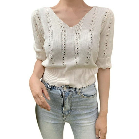 Ochine Women's Blouse Knit Slim Fit Hollow Out Ruched Short Ribbed Sleeve Hi Waist V Neck Solid Color Belted Tee Shirt Casual Sexy Fashion Top Summer Going Out, One Size