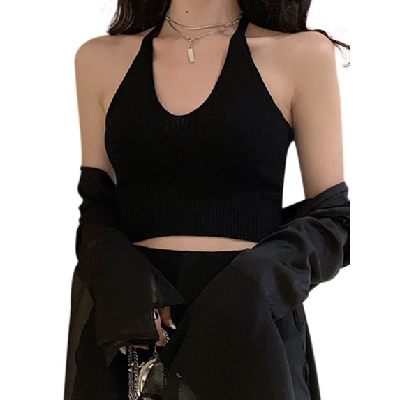 Ochine Women's Crop Top Halter U Neck Off Shoulder Sleeveless Open Back Solid Color Knit Vest Blouses Casual Fitted Sexy Fashion Tee Shirts Spring Summer Club Party, Average Size