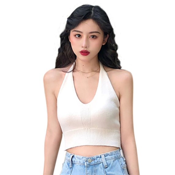 Ochine Women's Crop Top Halter U Neck Off Shoulder Sleeveless Open Back Solid Color Knit Vest Blouses Casual Fitted Sexy Fashion Tee Shirts Spring Summer Club Party, Average Size