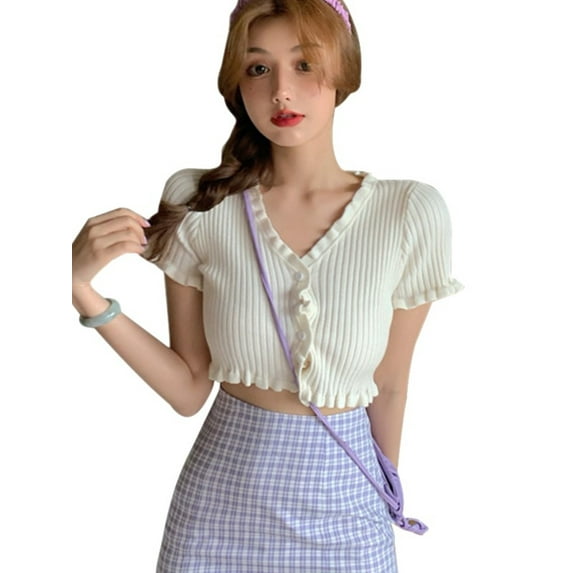 Ochine Women's Crop Top Knit Slim Fit Ribbed Short Flounce Sleeve V Neck Solid Color Ruched Blouse Casual Sexy Fashion Tee Shirt Cardigan Summer Going Out Party, One Size