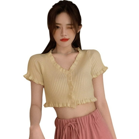 Ochine Women's Crop Top Knit Slim Fit Ribbed Short Flounce Sleeve V Neck Solid Color Ruched Blouse Casual Sexy Fashion Tee Shirt Cardigan Summer Going Out Party, One Size