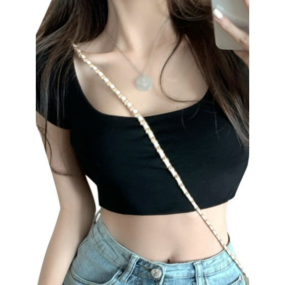 Ochine Women's Crop Top Summer Short Sleeve Slim Fit Scoop Neck Solid Blouse Sexy Comfy Tee Shirt Club Goingout