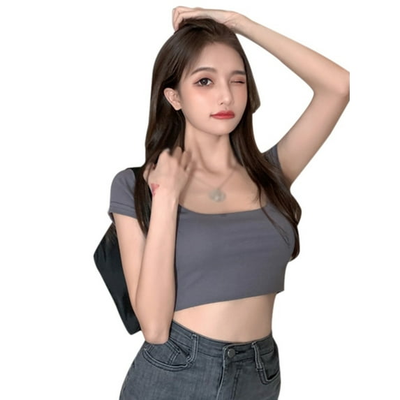 Ochine Women's Crop Top Summer Short Sleeve Slim Fit Scoop Neck Solid Blouse Sexy Comfy Tee Shirt Club Goingout