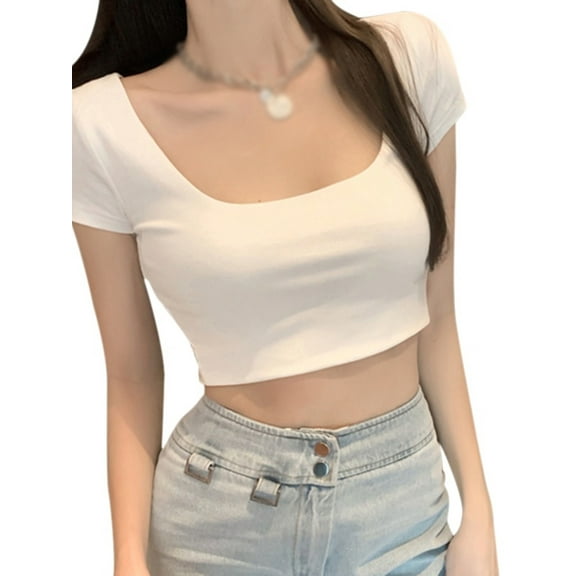 Ochine Women's Crop Top Summer Short Sleeve Slim Fit Scoop Neck Solid Blouse Sexy Comfy Tee Shirt Club Goingout