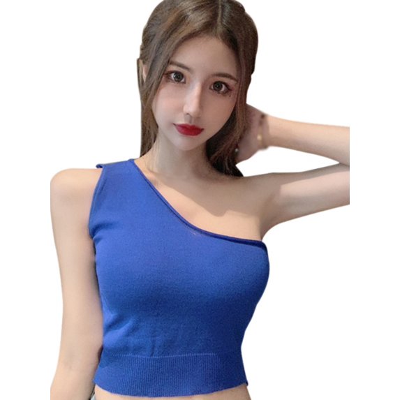 Ochine Women's Knit Crop Top Slim Fit Sleeveless Solid Color Off One Shoulder Blouse Tube Top Vest Casual Sexy Fashion Tee Shirt Summer Club Party, One Size