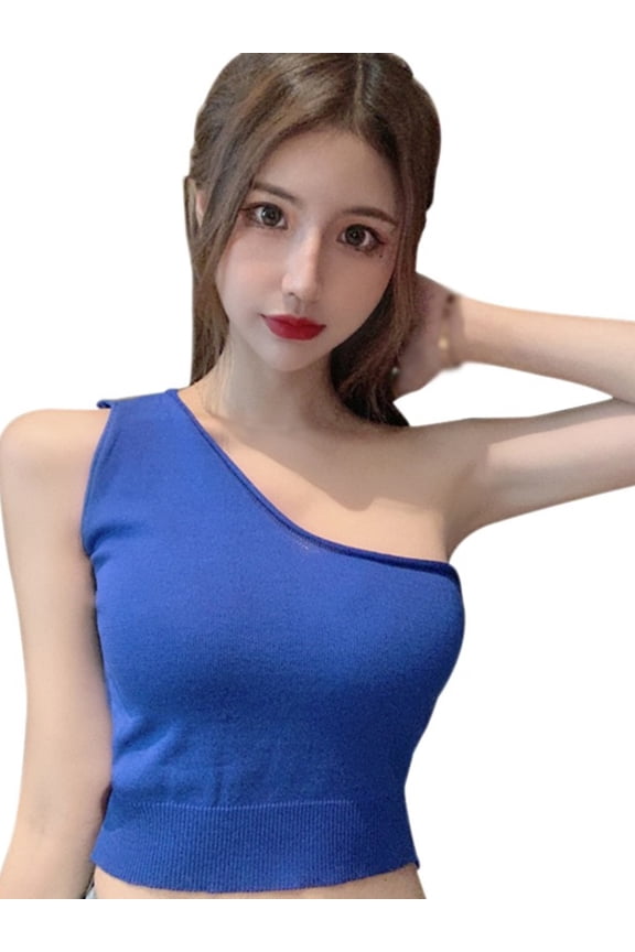 Women's Knit Crop Top Slim Fit Sleeveless Solid Color Off One Shoulder Blouse Tube Top Vest Casual Sexy Fashion Tee Shirt Summer Club Party, One Size