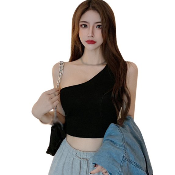 Ochine Women's Knit Crop Top Slim Fit Sleeveless Solid Color Off One Shoulder Blouse Tube Top Vest Casual Sexy Fashion Tee Shirt Summer Club Party, One Size