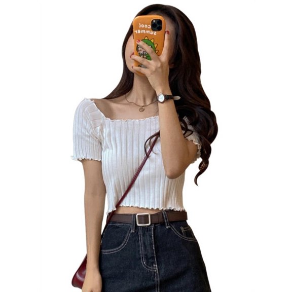 Ochine Women's Knit Crop Top Summer Solid Short Sleeve Blouse Ribbed Tee Shirt, Average Size