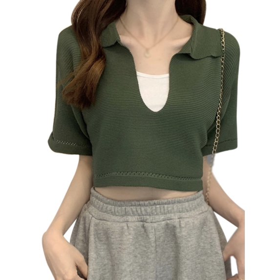 Ochine Women's Knit Top Crop Top Loose Fit Short Bell Sleeve Solid Color Deep V Neck Lapel Collar Ribbed Blouse Casual Sexy Fashion Tee Shirt, One Size