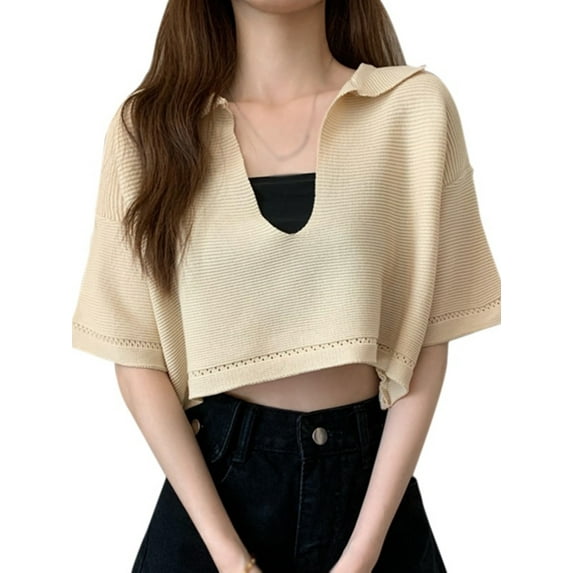 Ochine Women's Knit Top Crop Top Loose Fit Short Bell Sleeve Solid Color Deep V Neck Lapel Collar Ribbed Blouse Casual Sexy Fashion Tee Shirt, One Size