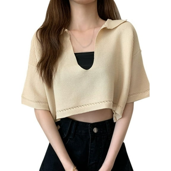 Ochine Women's Knit Top Crop Top Loose Fit Short Bell Sleeve Solid Color Deep V Neck Lapel Collar Ribbed Blouse Casual Sexy Fashion Tee Shirt, One Size