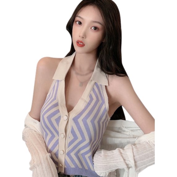 Ochine Women's Summer Crop Top Knitted Vest Tank Top Halter V Neck Striped Cold Shouler Sleeveless Tee Shirts Casual Fitted Top Sexy Trendy Vintage Blouses Club Party, Average Size
