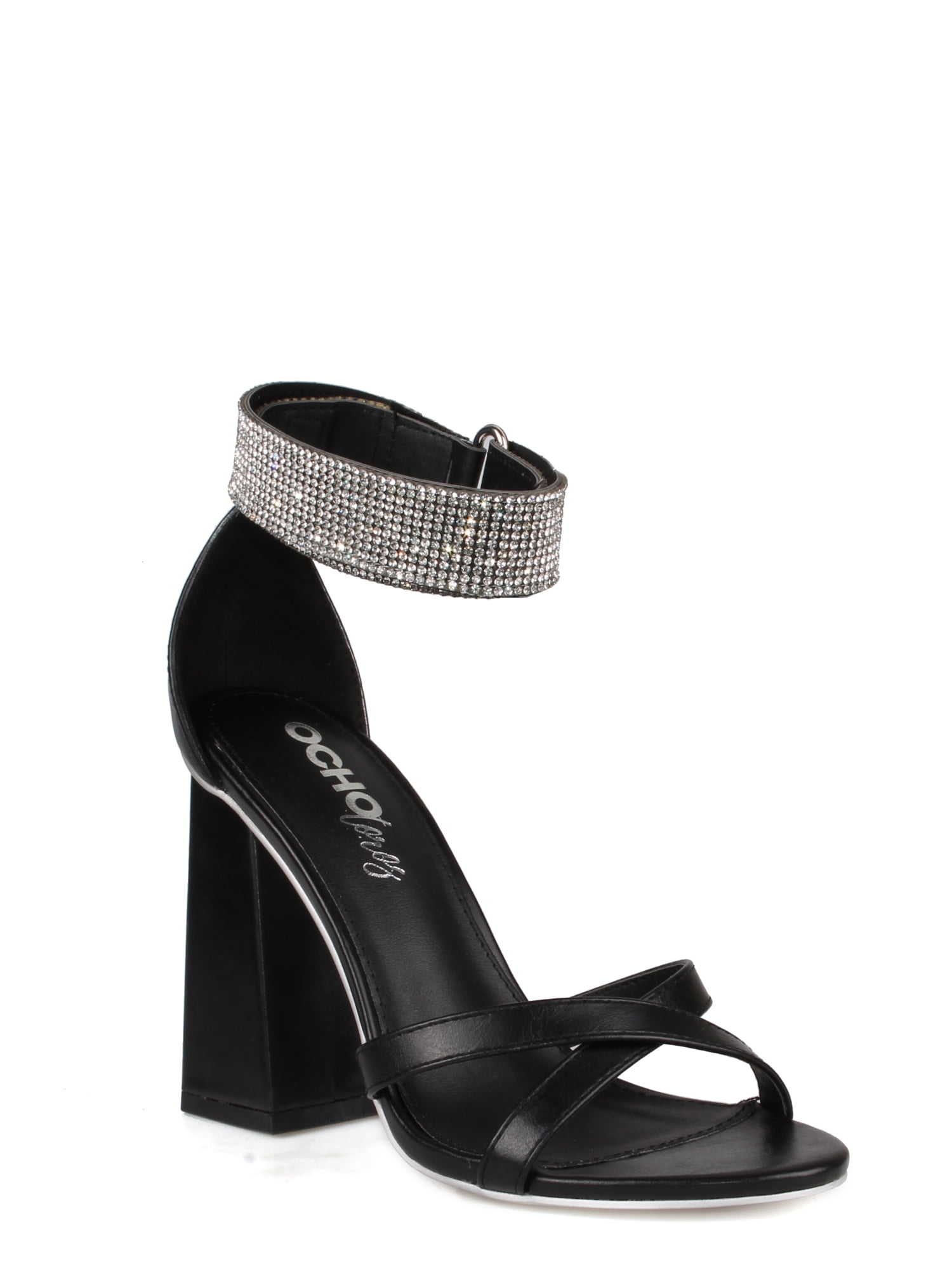 Ochotoros Chunky Heel Women's Rhinestone Sandals in Black