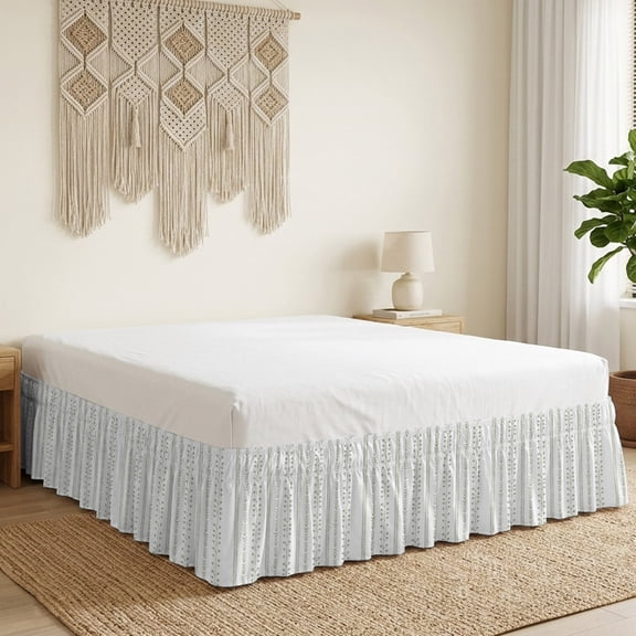 Ochre Bed Skirt Bed Skirts Queen Size 16 Inch Drop, Rustic Vertical Dashed Lines Shabby Chic Sage Green Leaf Wrap Around Dust Ruffle Bedskirt with Adjustable Elastic Belt for Queen Size Beds