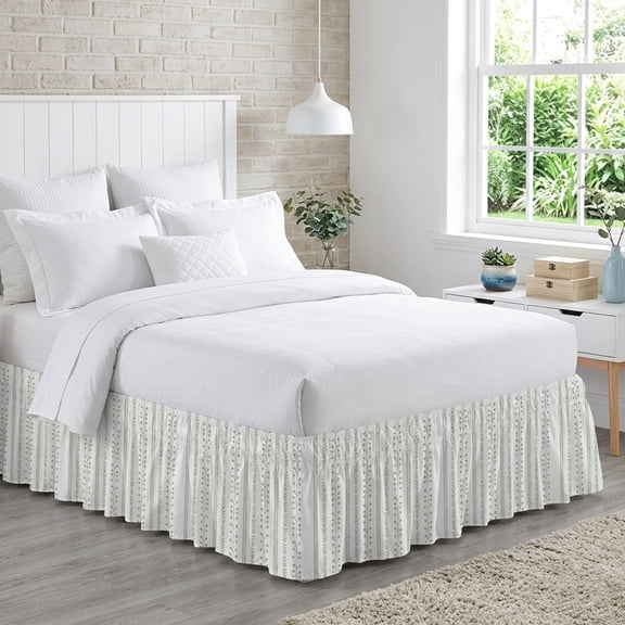 Ochre Bed Skirt King Size 16 Inch Drop, Rustic Vertical Dashed Lines Shabby Chic Sage Green Leaf Adjustable Elastic Dust Ruffles Bedskirt for King Bed Wrap Around Pleated Mattress Frame Cover